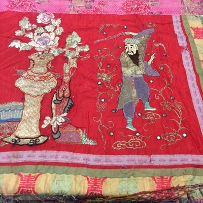 Lot 1641 - Chinese large embroidered and mirror-work red silk panel, c19th century couch and satin stitch figures, vases of flowers, symbols etc.