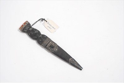 Lot 783 - 1930s Scottish Skean dhu dagger with silver mounts and orange glass set pommel, carved ebony hilt, tapered serrated blade, in sheath- hallmarked Edinburgh 1933, 17.2cm overall