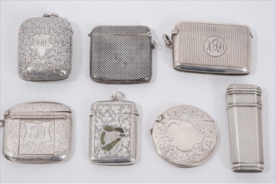 Lot 97 - Collection of seven silver Vesta cases to include a niello enamel Vesta, and a combination Vesta and stamp case