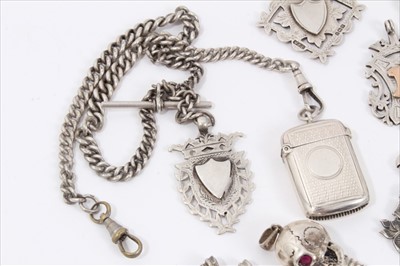 Lot 105 - Group of silver fobs, together with a silver Albert chain, silver Vesta case and propelling pencils