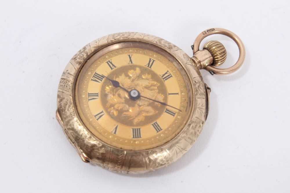 Lot 106 - Ladies Swiss 9ct gold cased fob watch with gilded roman numerical dial and blued steel hands