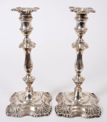 Lot 217 - Good pair of George II style silver candlesticks, London 1907