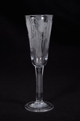 Lot 7 - Georgian ale glass, the long funnel bowl engraved with hops, on a plain stem above a folded conical foot, circa 1760, 19.5cm height