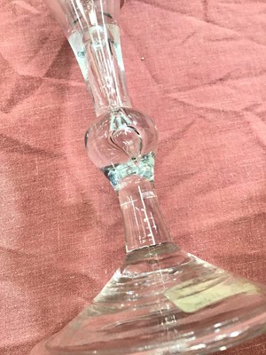 Lot 1 - Georgian Kit Kat style baluster wine glass, with a trumpet bowl on teardrop stem with inverted baluster knop, on a folded conical foot, circa 1750, 15.25cm height