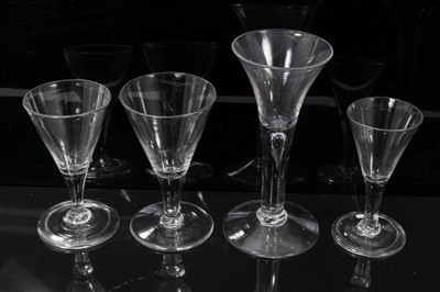 Lot 15 - 18th century glass with tear drop stem, two 18th century conical glasses each with folded foot, another similar without folded foot