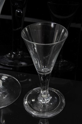 Lot 15 - 18th century glass with tear drop stem, two 18th century conical glasses each with folded foot, another similar without folded foot