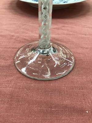 Lot 9 - Georgian wine glass, with a round funnel bowl on a double series opaque twist stem, above a conical foot, circa 1760, 15cm height