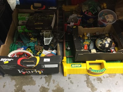 Lot 311 - Three boxes of assorted toys and games to include table football and die cast models