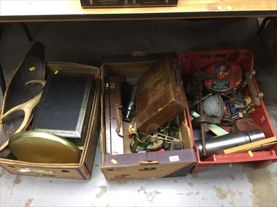 Lot 309 - Three boxes of metalware and sundries to include a military stereoscope