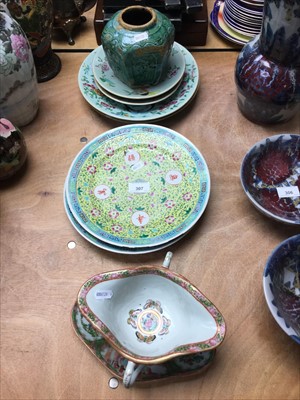 Lot 307 - Collection of antique Chinese porcelain to include Cantonese sauce boat on stand, Celadon glazed plates etc