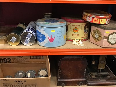 Lot 513 - Group old coins, vintage tins and sewing machine in wooden carry case