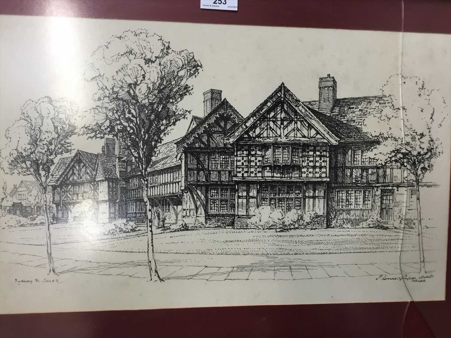 Lot 342 - Sydney R Jones - pen and ink - Port sunlight, signed by the artist and Port Sunlight architect P. Lomax-Simpson