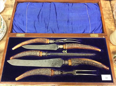 Lot 31 - Cased set of antler handled carving knives and forks