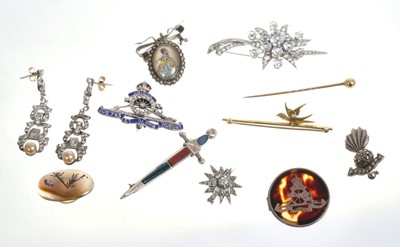 Lot 450 - Paste set brooches, three regimental officer's sweetheart brooches and other brooches and costume jewellery