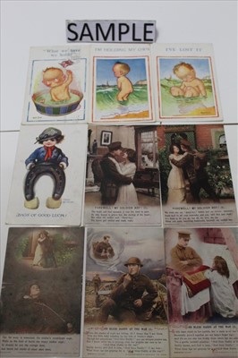 Lot 1129 - Postcards loose in two boxes including Military World War One Silks, comic, good selection of Mabel Lucie Attwell, Bonzo (x8) etc.