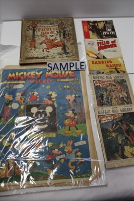 Lot 1130 - Collection of various items of ephemera to include comics and posters 1930-50s period. Including Mickey Mouse Weekly , some of the earlier issues etc.