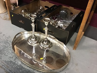 Lot 521 - Large quantity of silver plated items to include a pair of candelabra, large oval galleried tray, egg cruet, cutlery and sundry items of plated ware