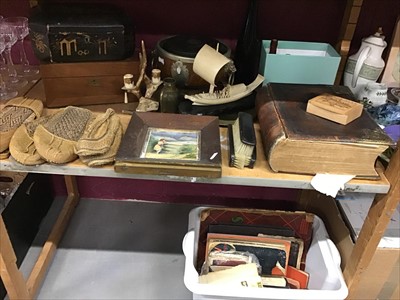 Lot 524 - Victorian bible, antique Chinese lacquer box, 3 pairs of Chinese shoes, box containing photographs etc