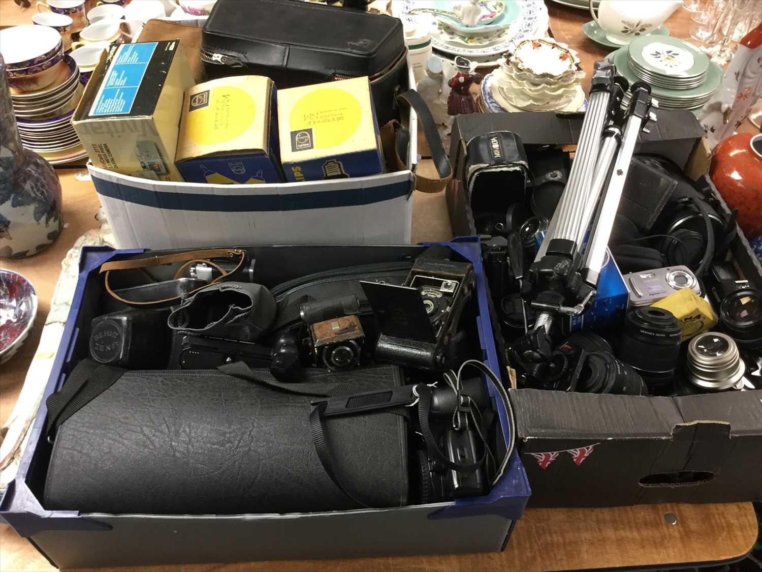 Lot 305 - Three boxes of cameras, lenses and