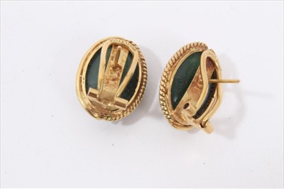 Lot 142 - Pair of 18ct gold green hardstone cabochon earrings