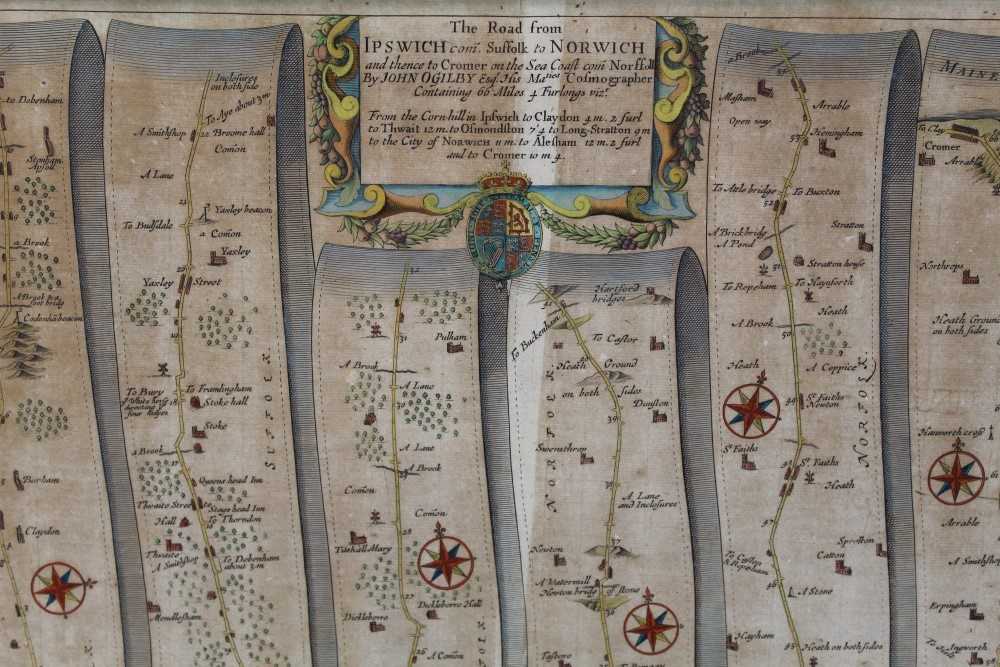 Lot 1028 - 17th century map of Hertfordshire together with a ribbon map of Ipswich to Norwich (2)