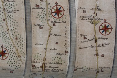 Lot 1028 - 17th century map of Hertfordshire together with a ribbon map of Ipswich to Norwich (2)