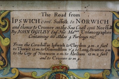 Lot 1028 - 17th century map of Hertfordshire together with a ribbon map of Ipswich to Norwich (2)