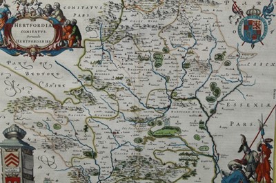 Lot 1028 - 17th century map of Hertfordshire together with a ribbon map of Ipswich to Norwich (2)