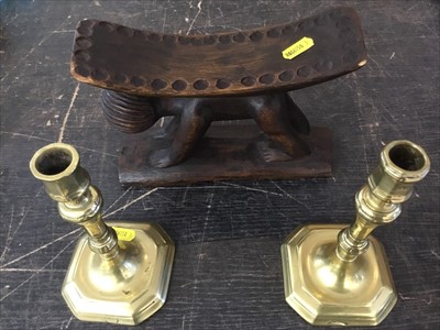 Lot 169 - Pair 18th/19th century brass candlesticks and an African headrest