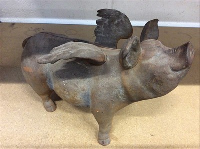 Lot 19 - Novelty metal money box in the form of a winged pig