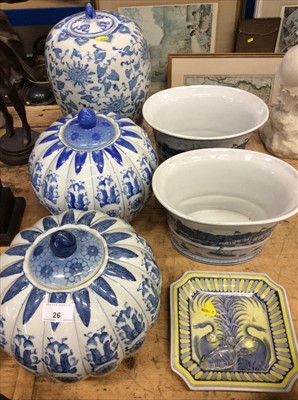 Lot 26 - Pair of blue and white urns and covers of melon form, another larger vase and cover, pair of bough pots and a decorative dish