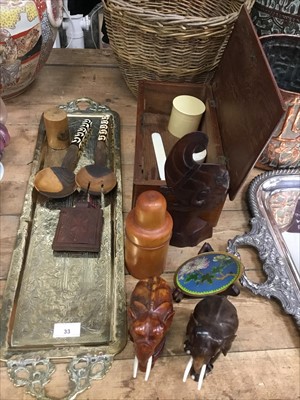 Lot 33 - Mixed group of items to include brass tray, antique ivory paper knife, model elephants and sundries