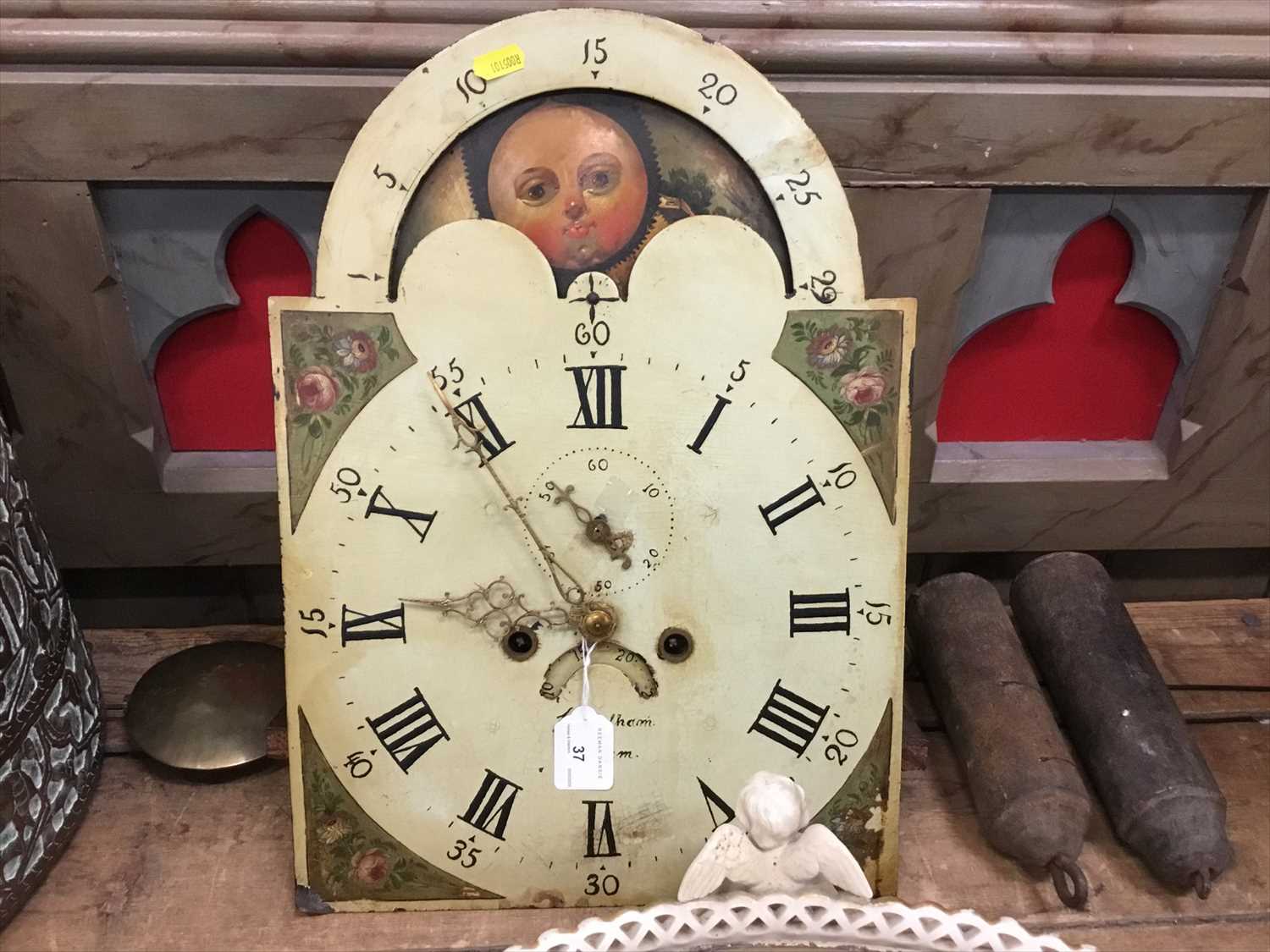 Lot 37 - 19th century longcase clock movement with arched painted dial signed Thomas Hilham, with floral spandrels, two weights and pendulum present