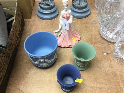 Lot 300 - Coalport figure and three pieces of Wedgwood Jasper ware (4)