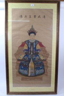 Lot 57 - Fine Chinese ancestral portrait on silk of Empress in blue dragon robe. Possible a  silk scroll  framed and glazed.
