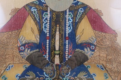 Lot 63 - Fine Chinese ancestral portrait on silk of Empress in blue dragon robe. Possible a  silk scroll  framed and glazed.