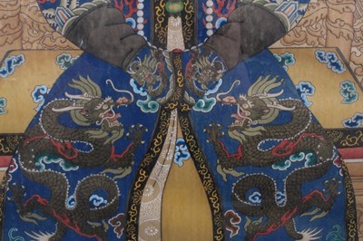 Lot 63 - Fine Chinese ancestral portrait on silk of Empress in blue dragon robe. Possible a  silk scroll  framed and glazed.