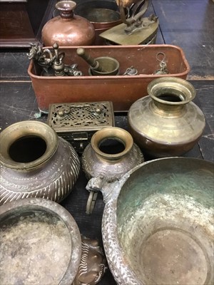 Lot 153 - Collection of copper and brass, including vintage copper pans, Eastern embossed vessels various other items