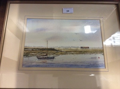 Lot 68 - Geoffrey Kent pastel - Canada Geese in flight, Kit Brooks rural pastel and a coastalwatercolour (3)