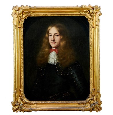 Lot 1124 - Circle of Peter Lely -portrait of a young Gentleman in armour and lace ruff, later gilt frame