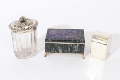 Lot 245 - Late Regency silver mounted jar, silver playing card case and a hard-stone box.