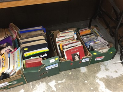Lot 282 - Two boxes of SP records including Queen, David Bowie, etc, CD's, collectors figures, Beanie Babies, books and sundries