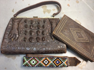 Lot 446 - Vintage crocodile skin handbag, leather purse and beaded belt