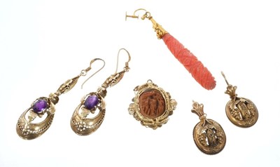 Lot 487 - Pair of Victorian yellow metal earrings, Regency carved coral earring, pair of Victorian style silver gilt and amethyst earrings and a 19th century Chinese pendant