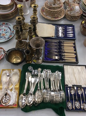 Lot 455 - Silver spill vase, plated cutlery, brass candlesticks