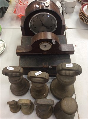 Lot 453 - 1930's Smiths mantel clock, together with another clock, a collection of brass weights and a tin case