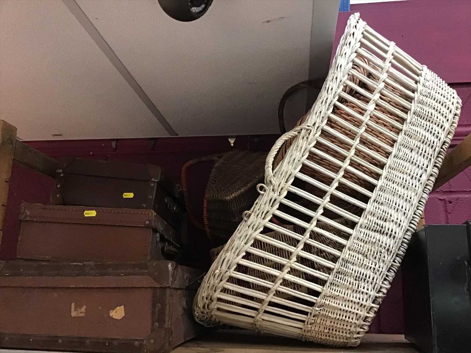 Lot 500 - Three vintage luggage cases, wicker baskets