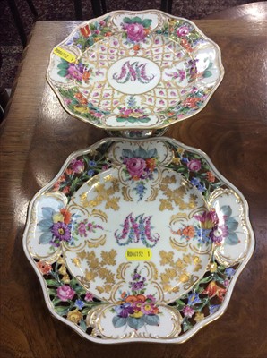 Lot 475 - Good quality Dresden porcelain pedestal dish and matching plate with MM monogram and reticulated polychrome floral borders