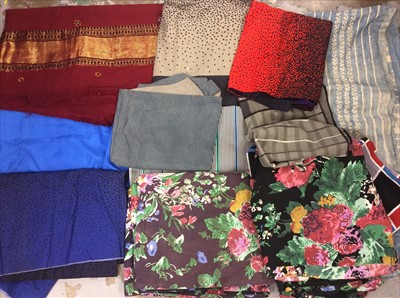 Lot 409 - Box Ethnic fabrics, silk and beaded rope