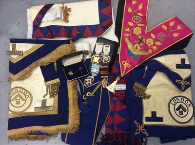 Lot 415 - Masonic items including sashes, aprons, pair silver gilt cufflinks and medals